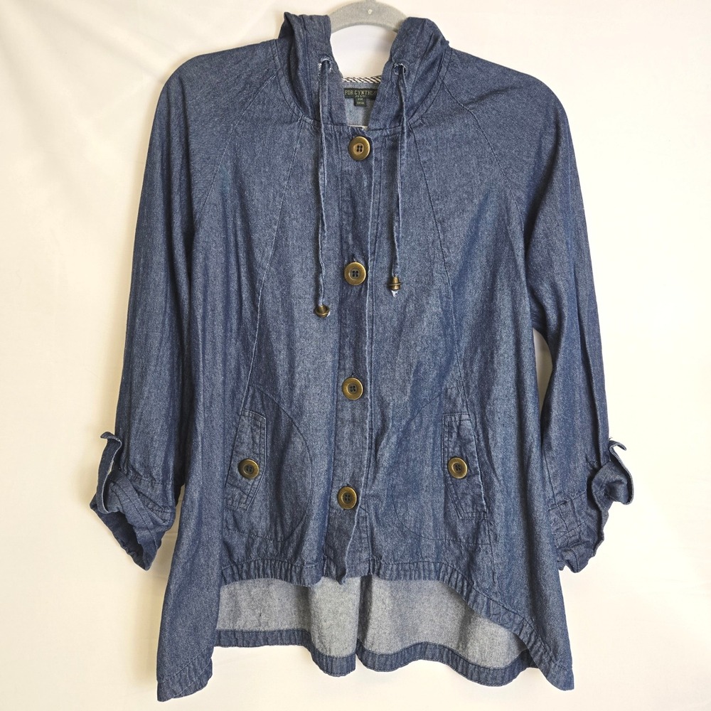 For Cynthia Petite Hooded Chambray Jacket Roll Tab Sleeves Pockets Size PM READ